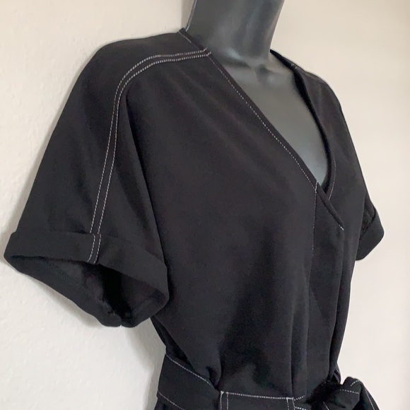 Lush Black Contrast Stitch Button Front Short Sleeve Tie Waist Jumpsuit - Picture 8 of 12